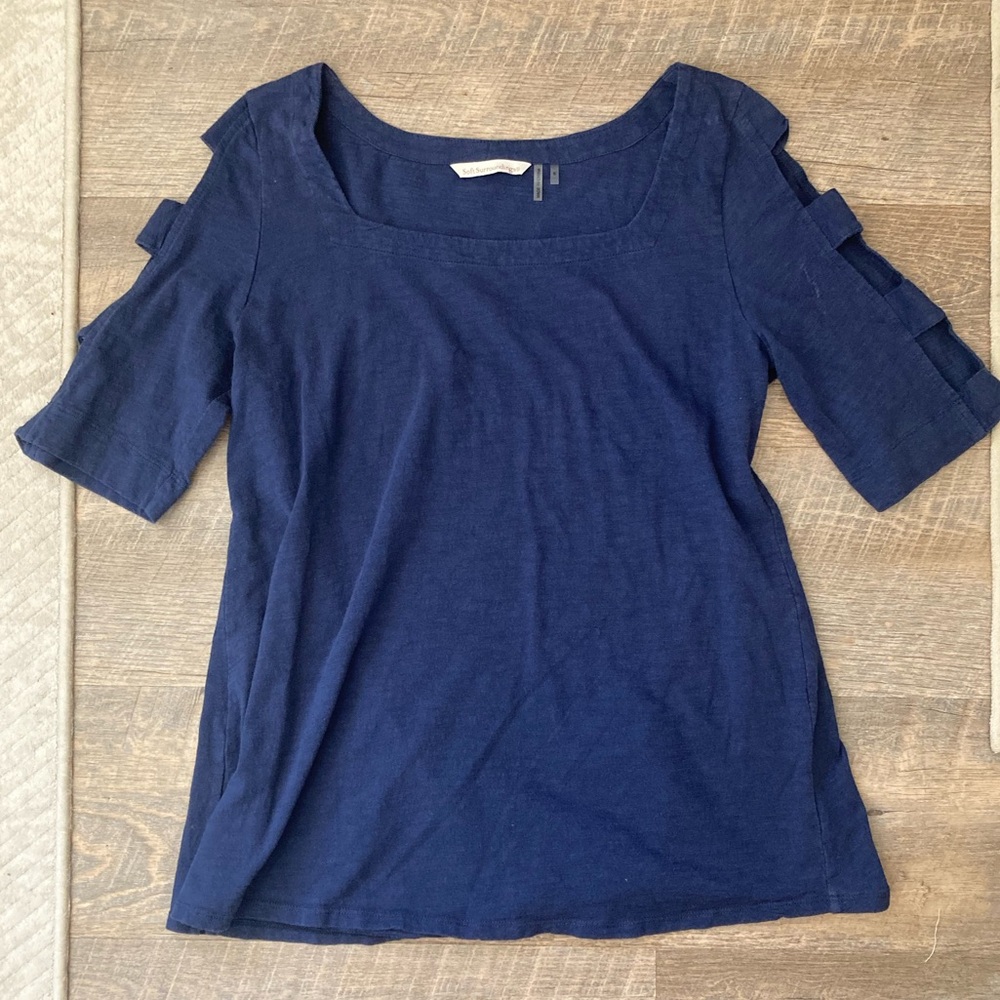 Soft Surroundings | Blue Square Neck Cotton Strap Cut Shoulders 3/4 Sleeve Shirt